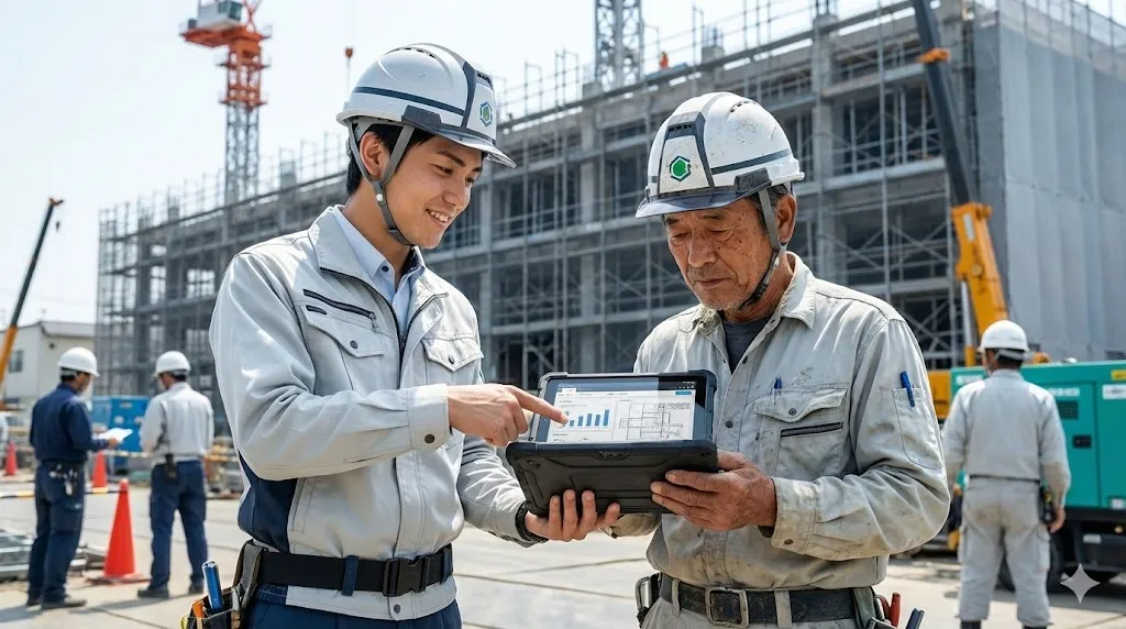 建設現場で若手監督が高齢職人にタブレット操作を教える様子