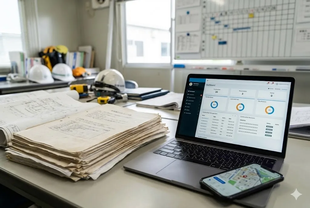 建設事務所のデスクに混在する紙資料とデジタル機器
