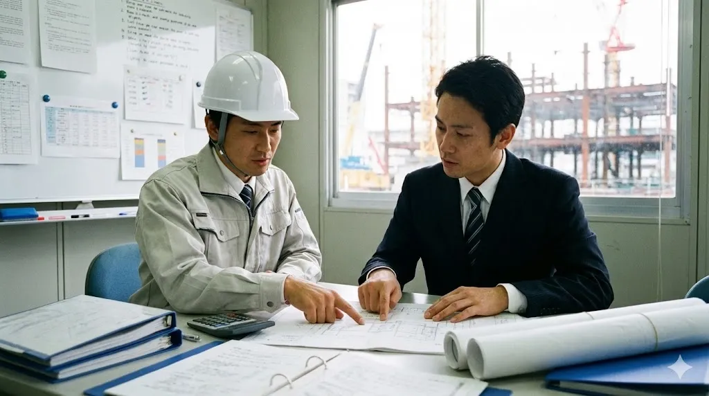 建設現場の事務所で原価管理について話し合う現場監督と経理担当者