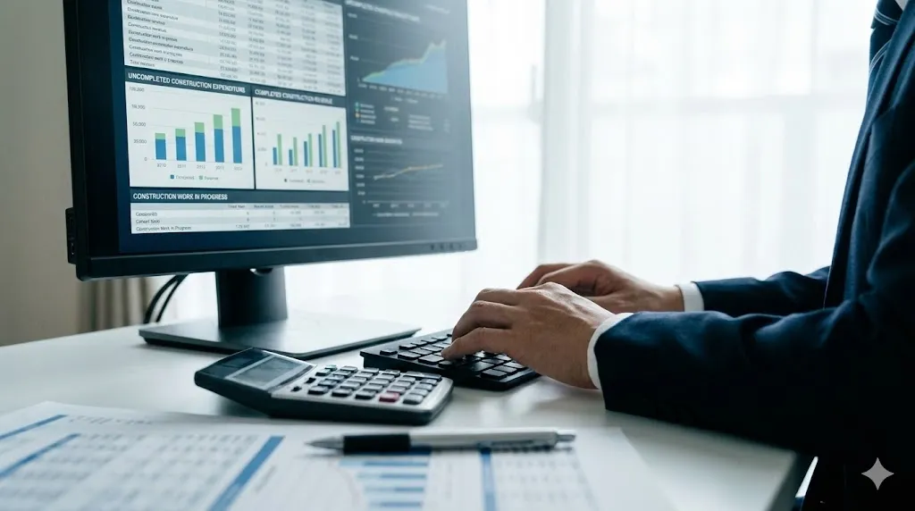 ビジネスパーソンがパソコンで建設業特有の会計ソフトを操作している様子