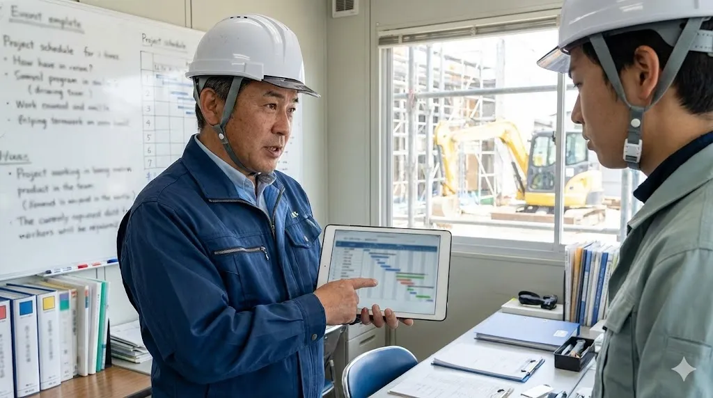 タブレット端末で工程表を確認しながら人員配置を調整する現場監督と作業員