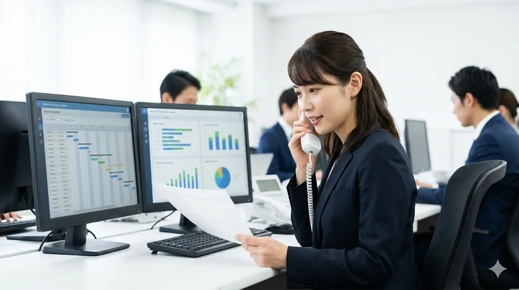 オフィスで人材配置システムを活用し稼働状況を確認する人事担当者