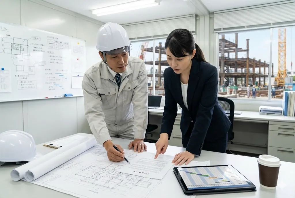 建設現場事務所で契約書と図面を確認しながら打ち合わせをする現場監督と担当者