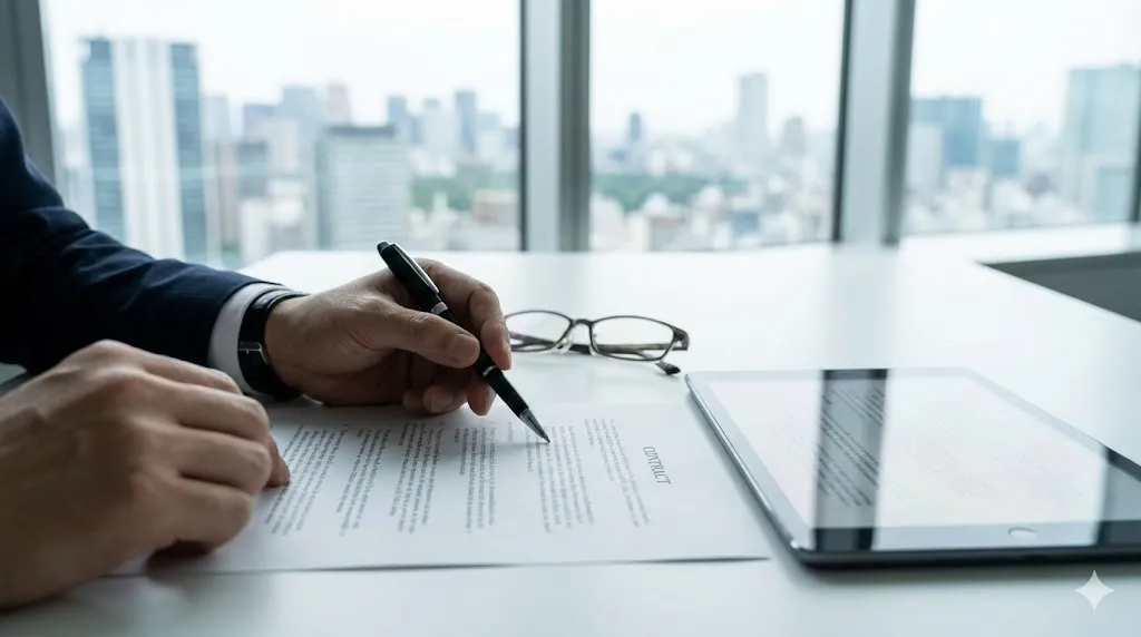 契約書の条項をペンで指し示しながら確認するビジネスパーソン