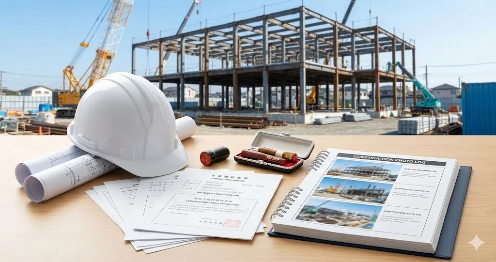 建設業の会社設立に必要な書類と現場のイメージ