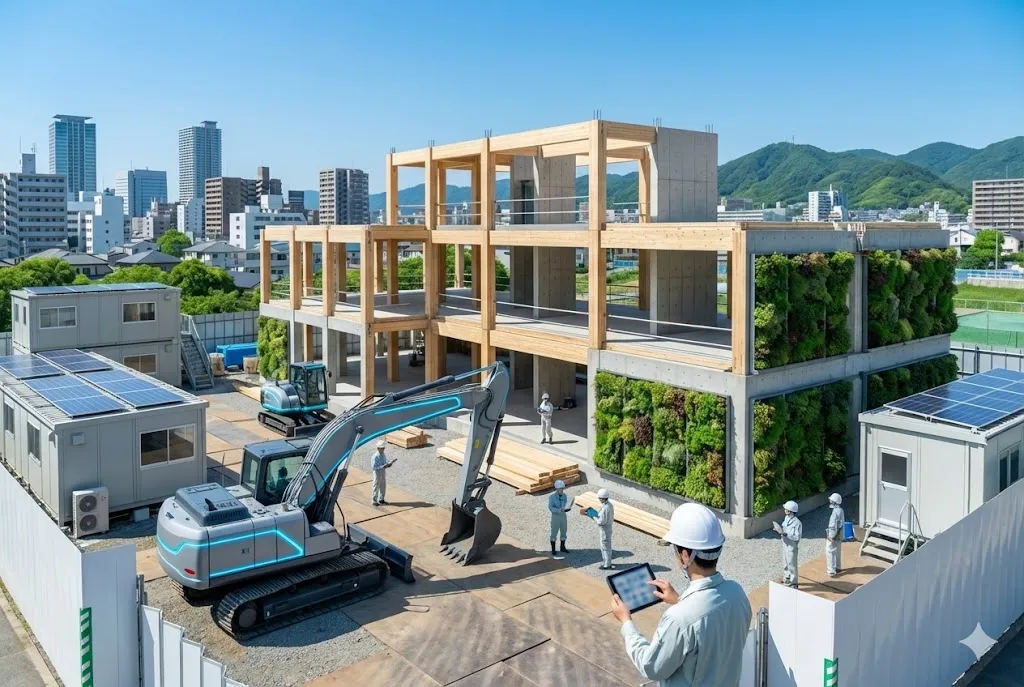 ソーラーパネルと電気建機が稼働する木造混構造の建設現場