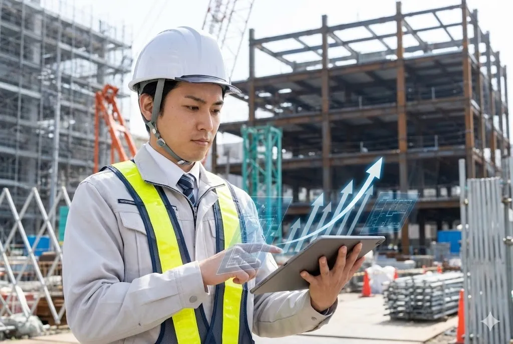 建設現場でタブレットを持ち将来のキャリアを考える作業員