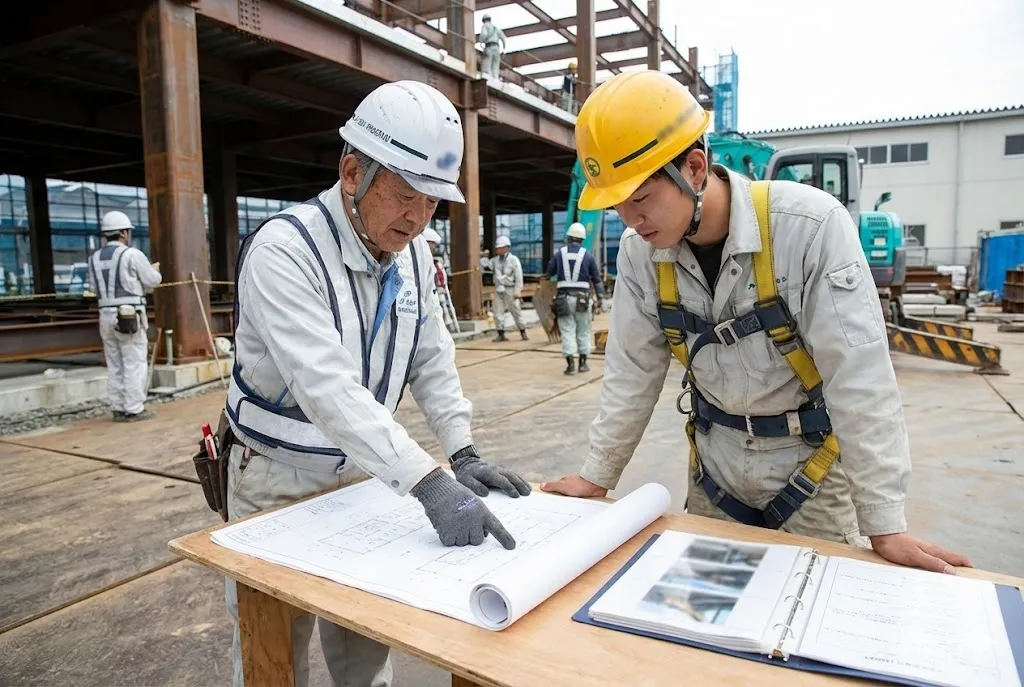 建設現場で若手に指導するベテラン施工管理者