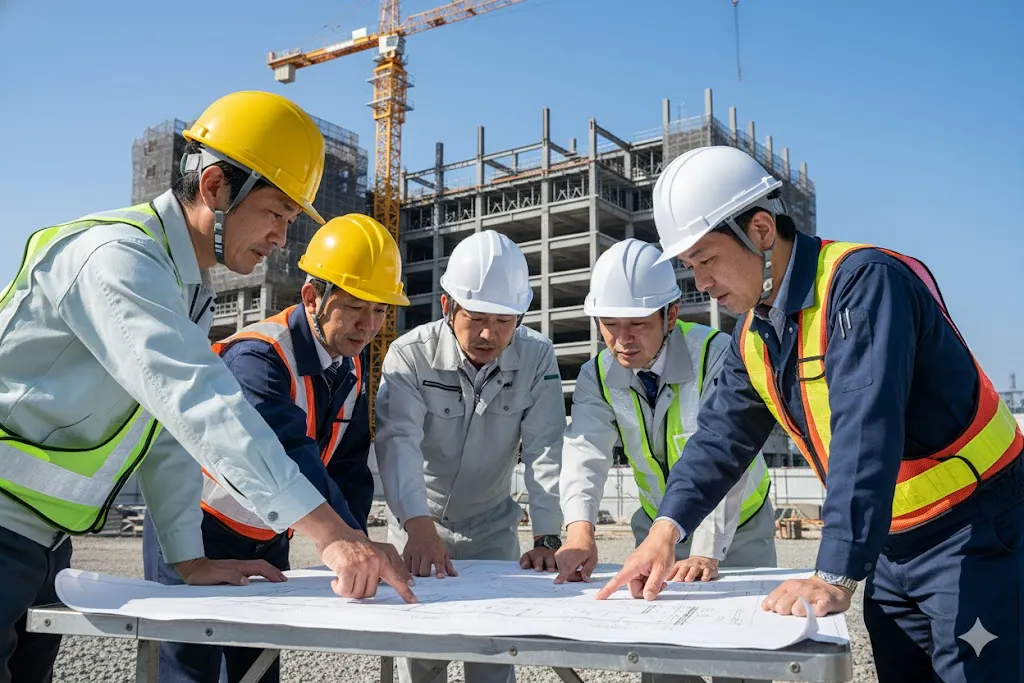建設現場で設計図を見ながら打ち合わせをする技術者たち