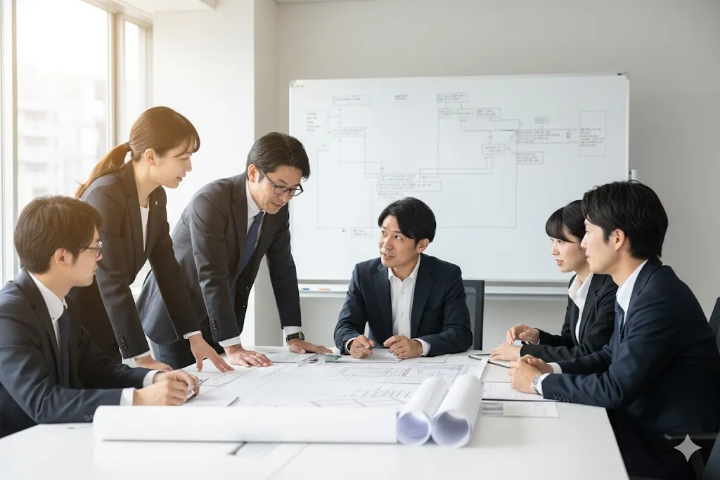 オフィスで施工計画について会議をするチーム