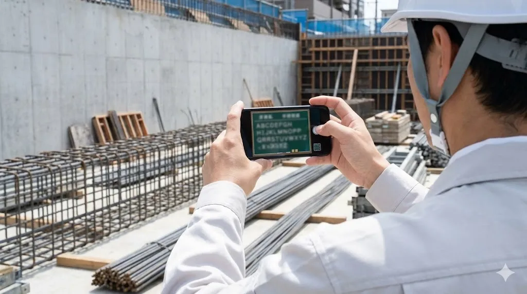 スマートフォンを使って工事写真を撮影する現場監督と効率化された現場作業の様子