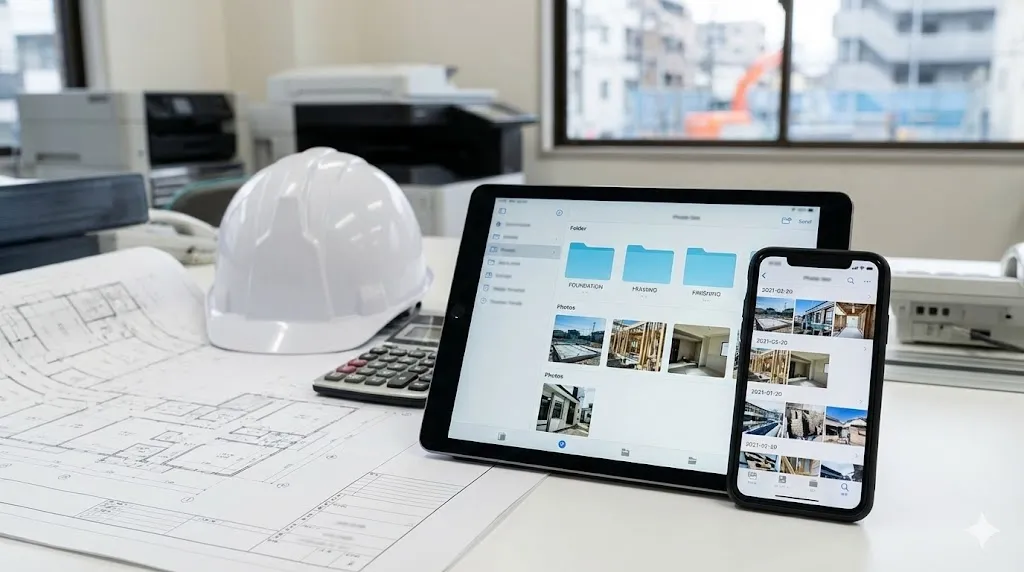 タブレットとスマートフォンで表示された工事写真アプリの画面比較イメージ
