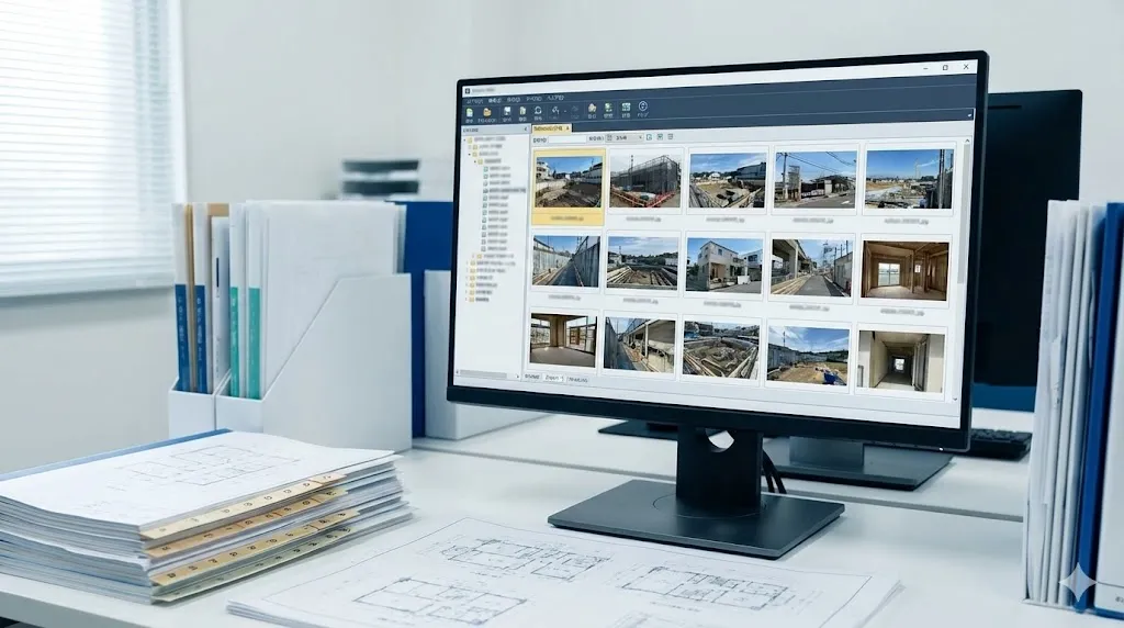 専用ソフトを使用して工事写真台帳を効率的に作成しているパソコン画面