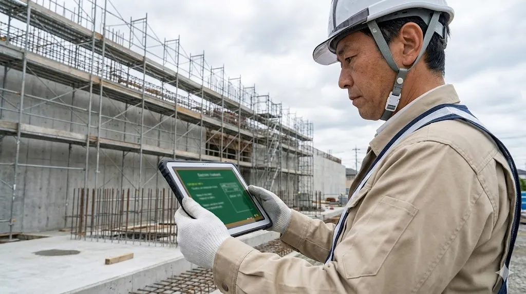 建設現場でタブレット端末の電子小黒板機能を使用して写真撮影を行う作業員