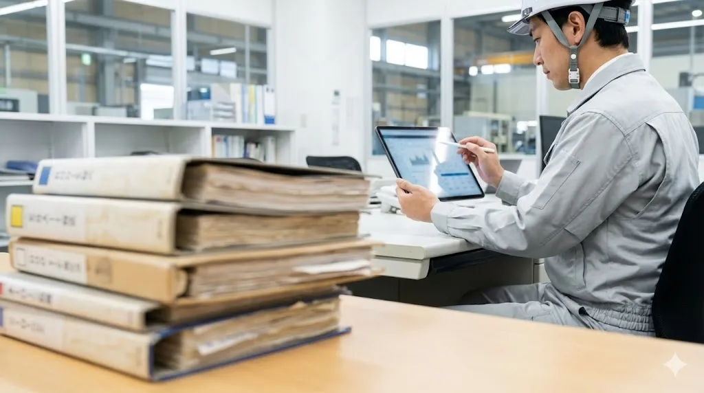 紙の書類管理とタブレット端末による電子化管理の対比イメージ