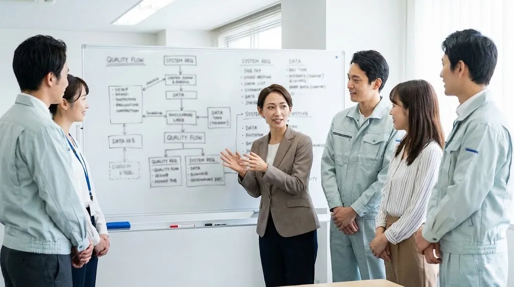 品質管理システムの導入に向けた運用ルール策定と要件定義の会議風景