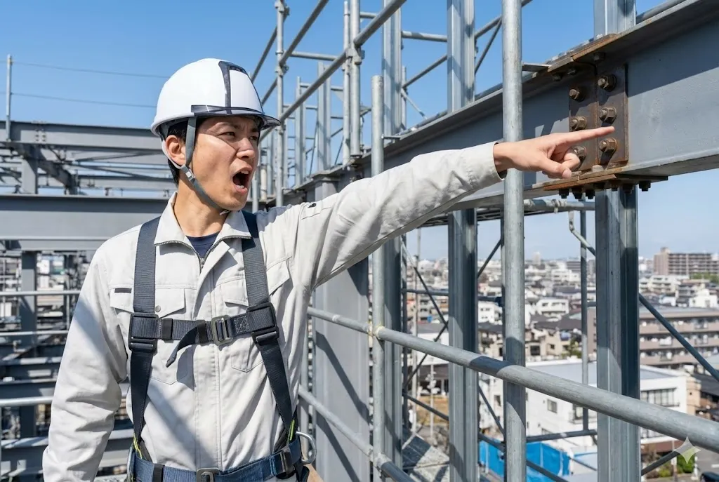 建設現場の高所作業で指差呼称を行い安全確認を徹底する男性作業員