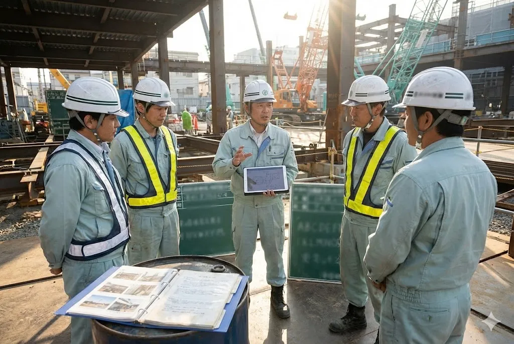 作業開始前にツールボックスミーティング（TBM）で危険予知活動を行う作業員グループ