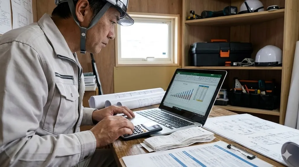 小規模工事の現場事務所で原価計算を行う現場監督