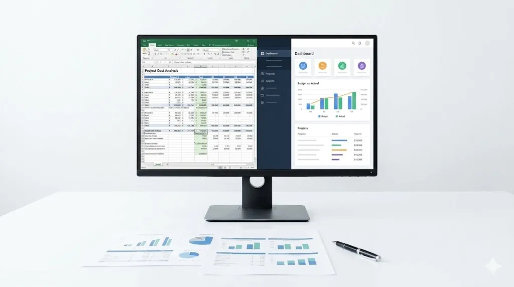 エクセル管理と原価管理システムの比較イメージ