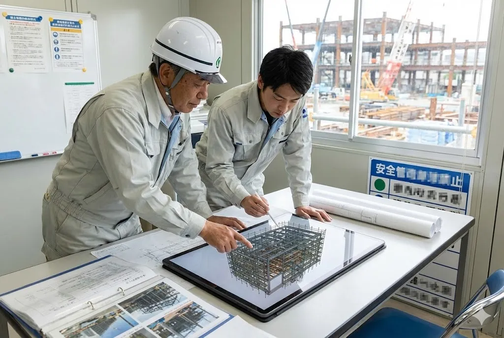 建設現場事務所にてタブレット上のBIMモデルを用いて施工計画の打ち合わせを行う現場監督と作業員