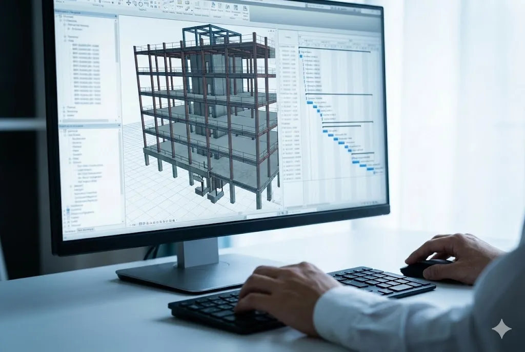 PC画面で4Dシミュレーションを確認しながら施工計画を練るエンジニア