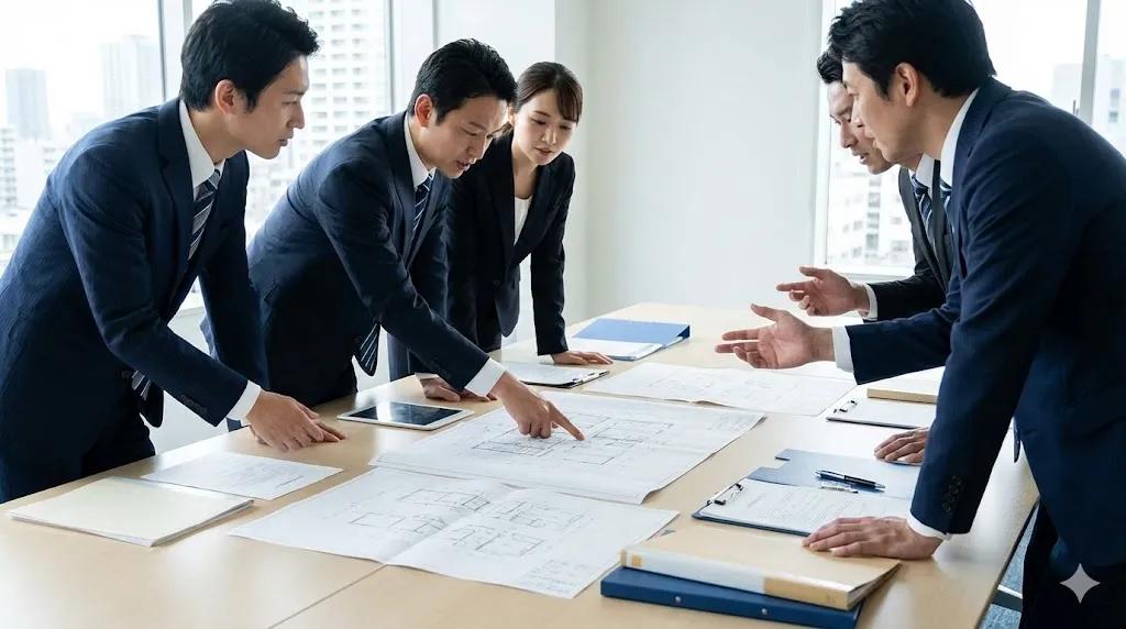 会議室で入札関連の書類を確認する建設業のビジネスマンたち