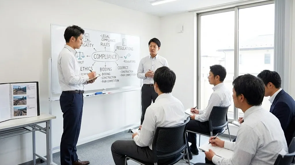 オフィスでコンプライアンス研修を受ける建設会社の従業員