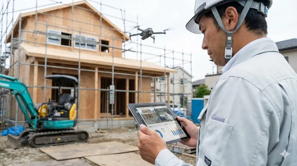 建設現場でドローンとタブレットを活用し、IT導入による業務効率化を図る個人事業主の様子