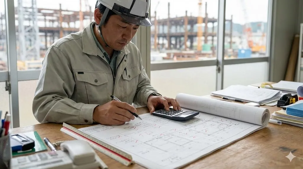 設計図面を見ながら電卓で計算をする積算担当者の様子