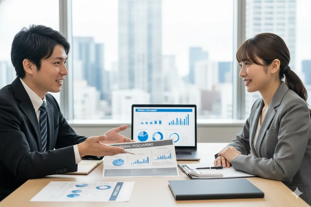 クライアントに提案型見積書を用いて説明を行い、納得を得ているビジネスパーソンの様子