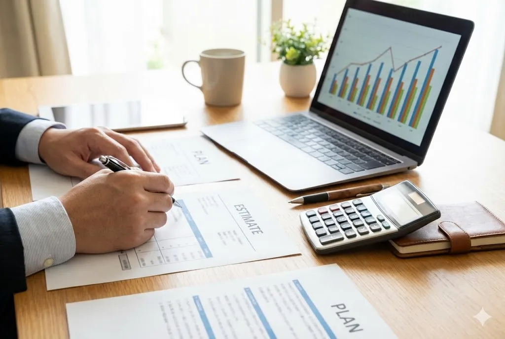 提案型見積書の作成イメージとデスクワークの様子