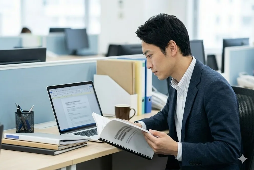 建設業許可の手引きとPC画面で届出の提出窓口を確認する担当者