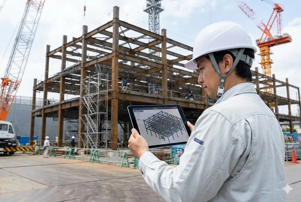 タブレットでBIMモデルを確認する現場監督