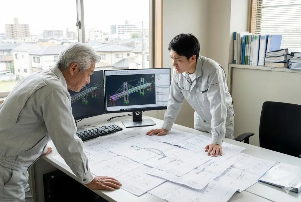 3次元モデルと紙図面の違いに直面し議論する建設技術者
