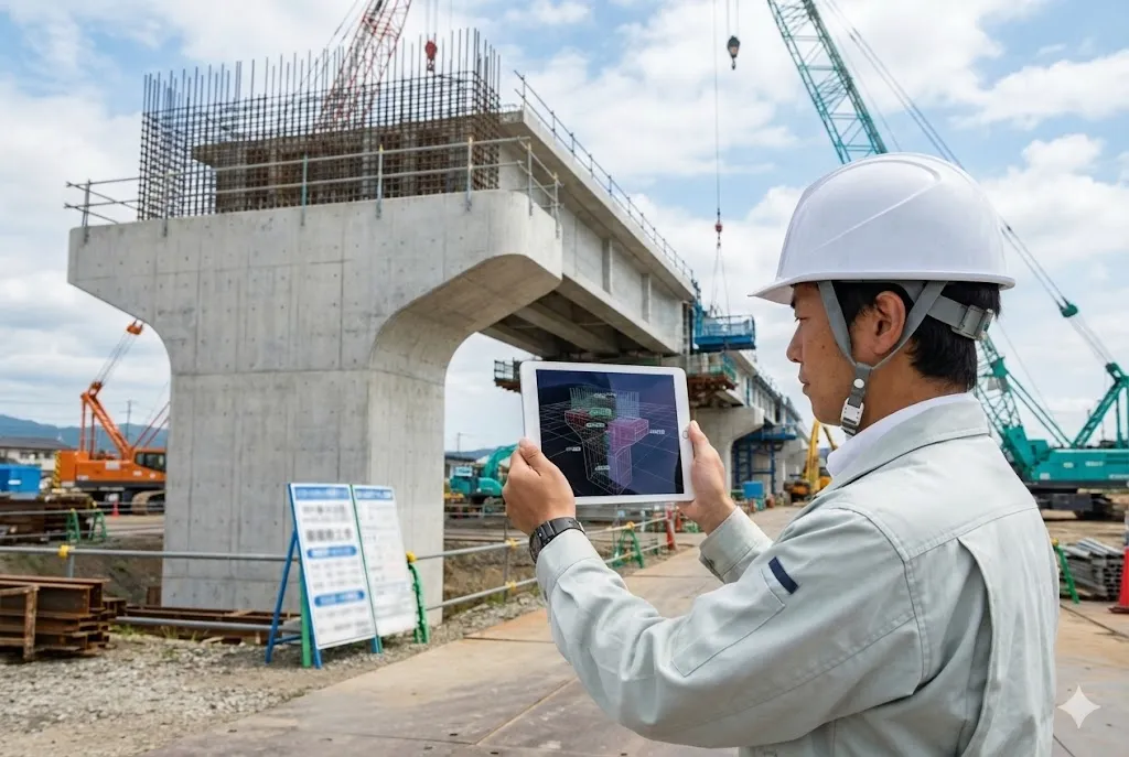 タブレットで3次元モデルと実物を確認する現場監督