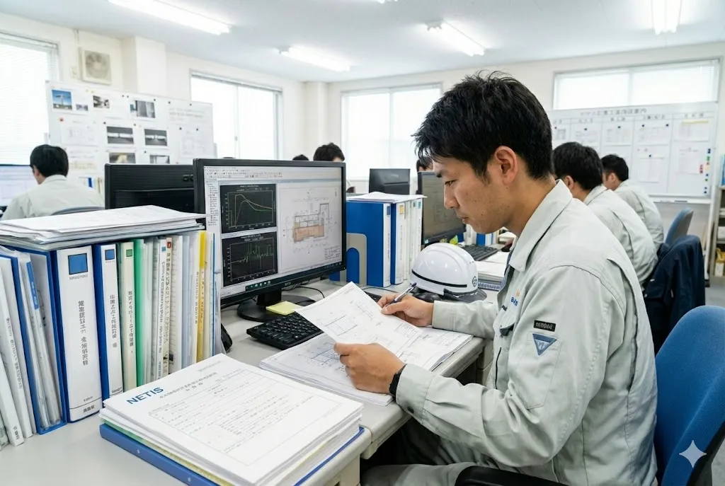 NETIS登録申請に向けて書類や図面を確認する技術担当者