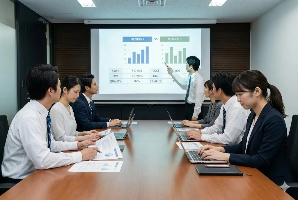 従来技術と新技術の経済性や工程を比較検討する会議の様子