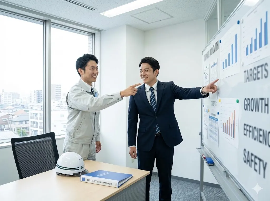 建設DXの推進に向けて目標数値を確認し合う現場リーダーと管理職