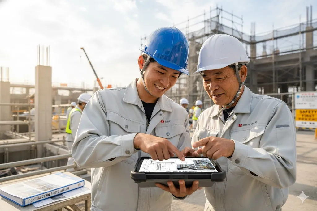 現場でタブレットを活用し図面確認を行う職人たち