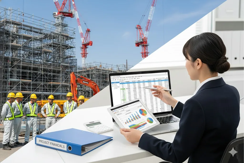 建設現場の作業員とオフィスで請求書処理を行う経理担当者のイメージ