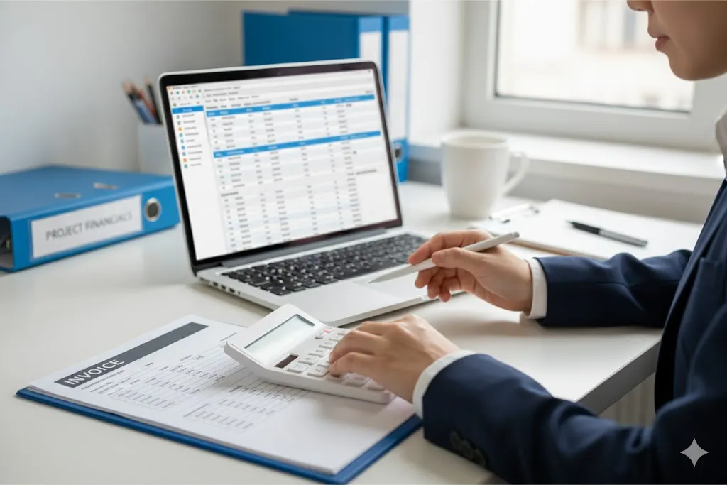 デスクで請求書の記載要件と会計ソフトの入力を確認する経理実務の様子
