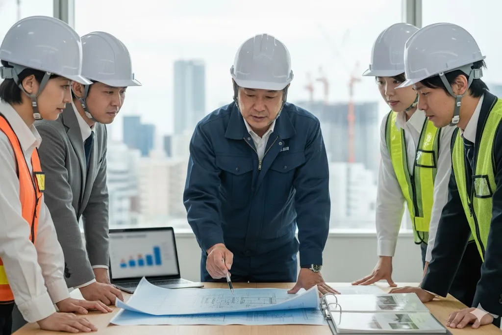 設計図面を囲んで入札案件について議論する建設業の技術者たち