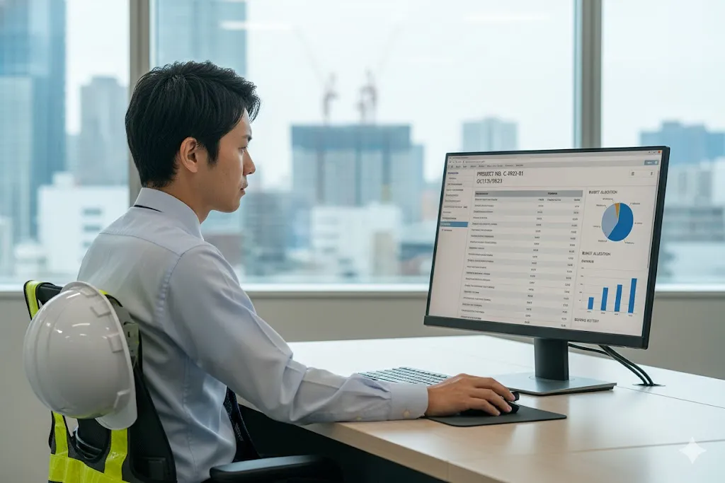 パソコンで電子入札システムの情報を確認する建設業の担当者