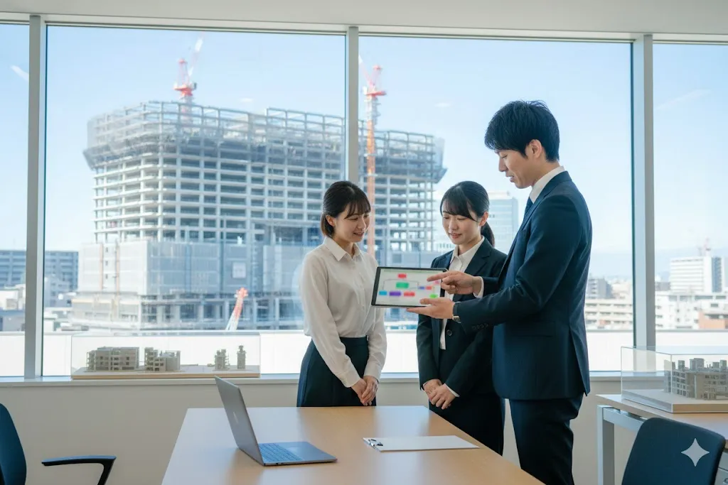 建設会社の人事担当者がタブレットで求職者に説明している様子