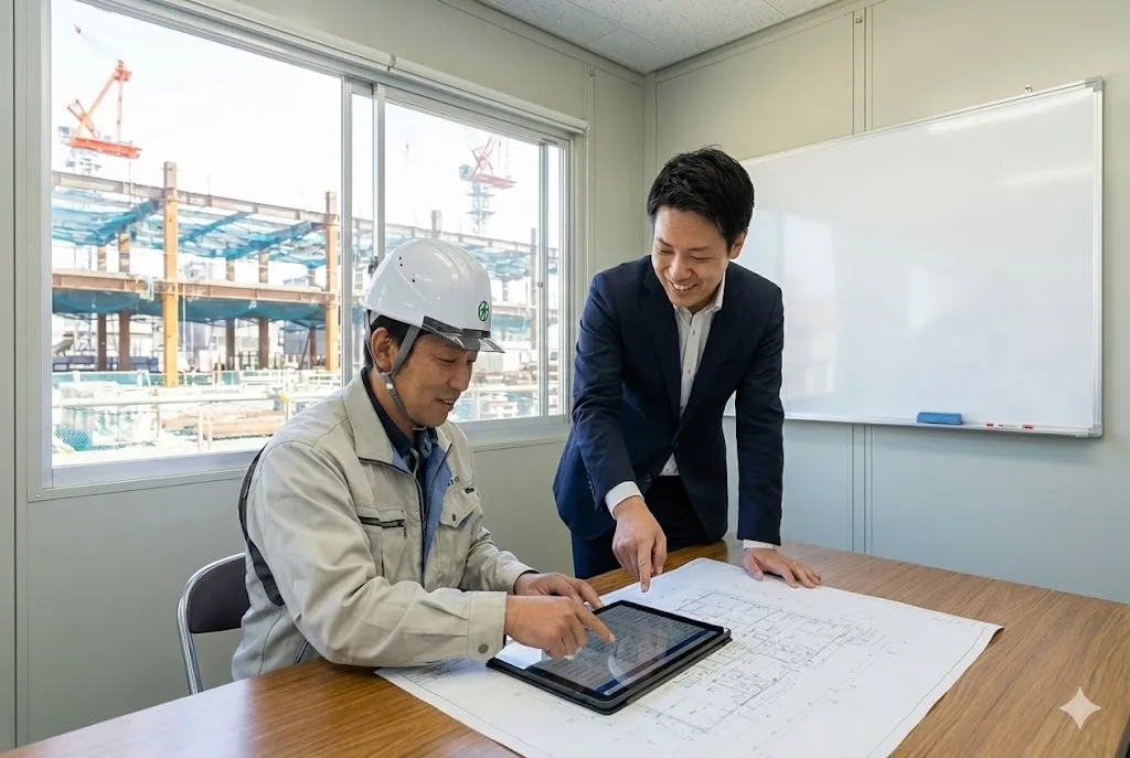 建設現場の事務所でタブレットを見ながら打ち合わせをする現場監督と労務担当者