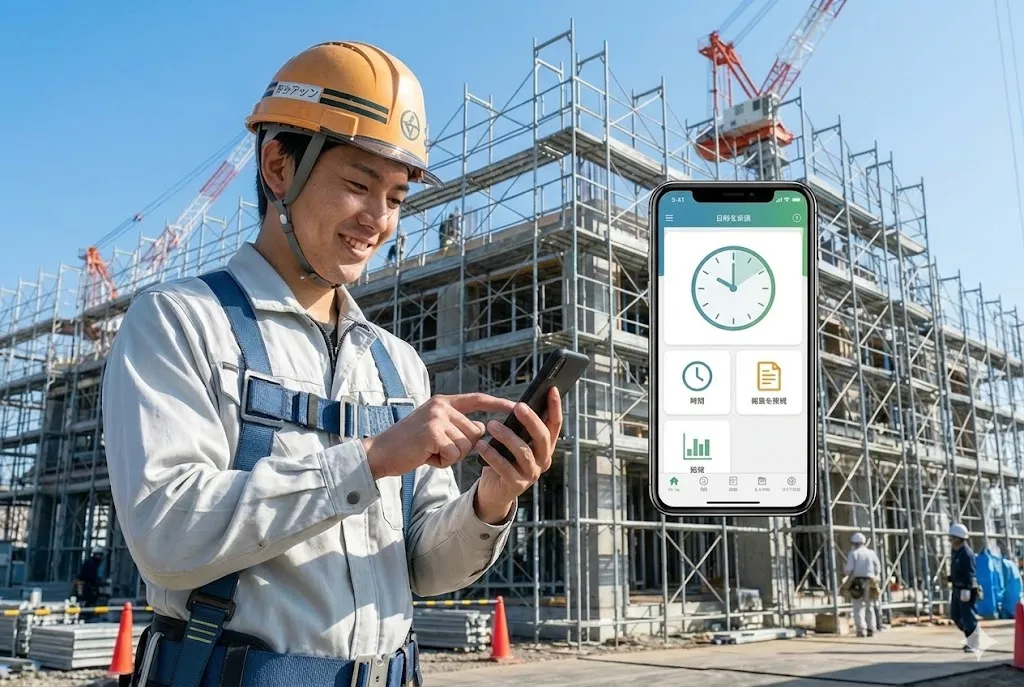 建設現場でスマートフォンを使い勤怠入力を行う職人