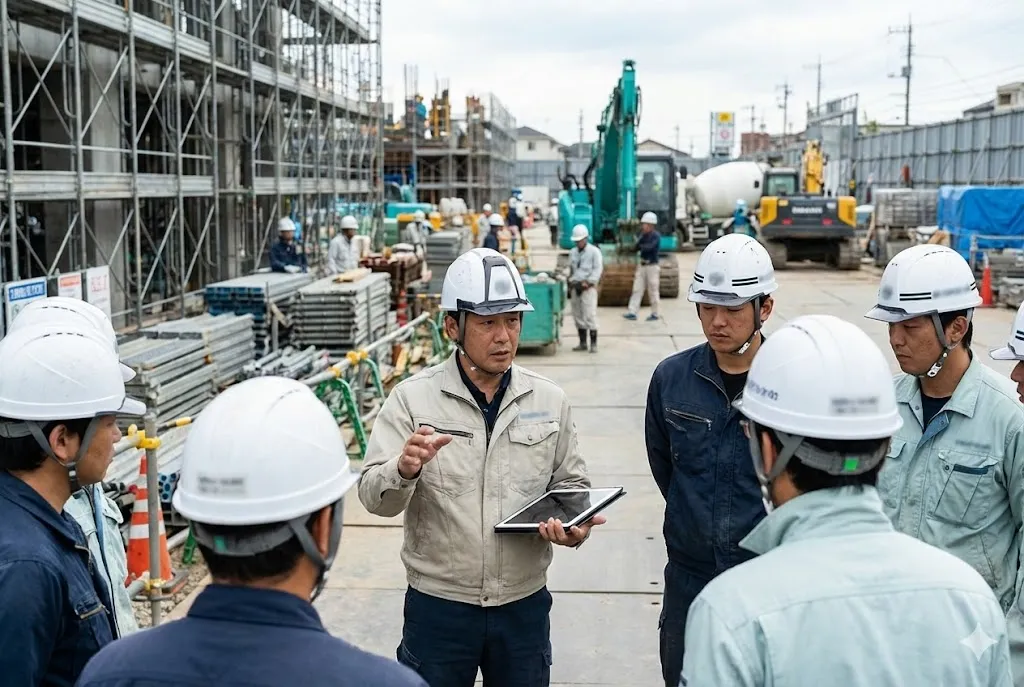 建設現場で監督が作業員に指示を出している様子