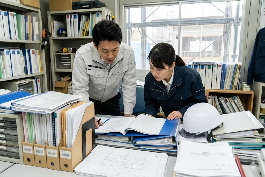 建設事務所で契約書類や安全書類を確認する担当者