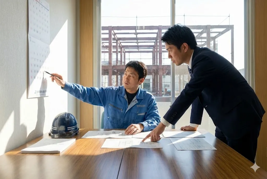 建設業許可申請のスケジュールを確認する打ち合わせ風景